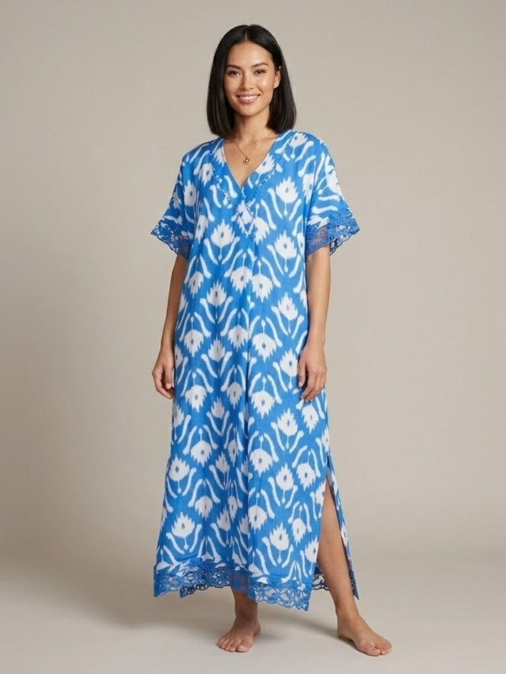 NWT Nimo With Love Dahlia in Ikat Blue Linen Oversized Kaftan Dress S $270